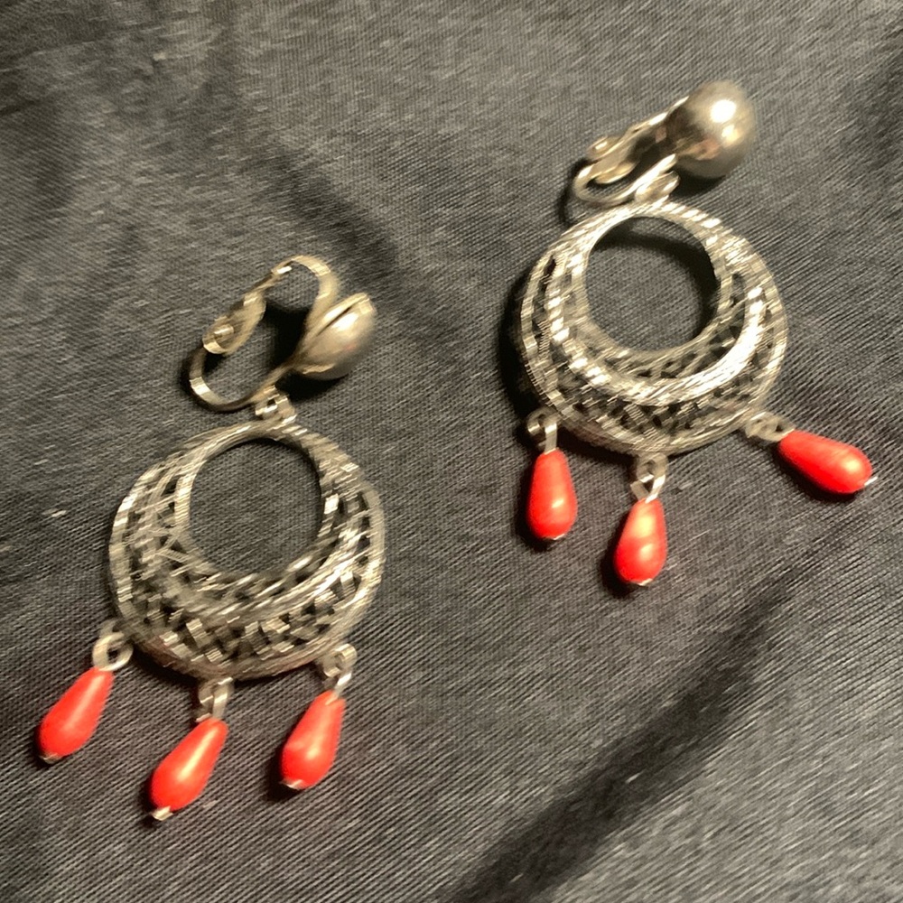 Vintage Silver And Red Earrings.   #012